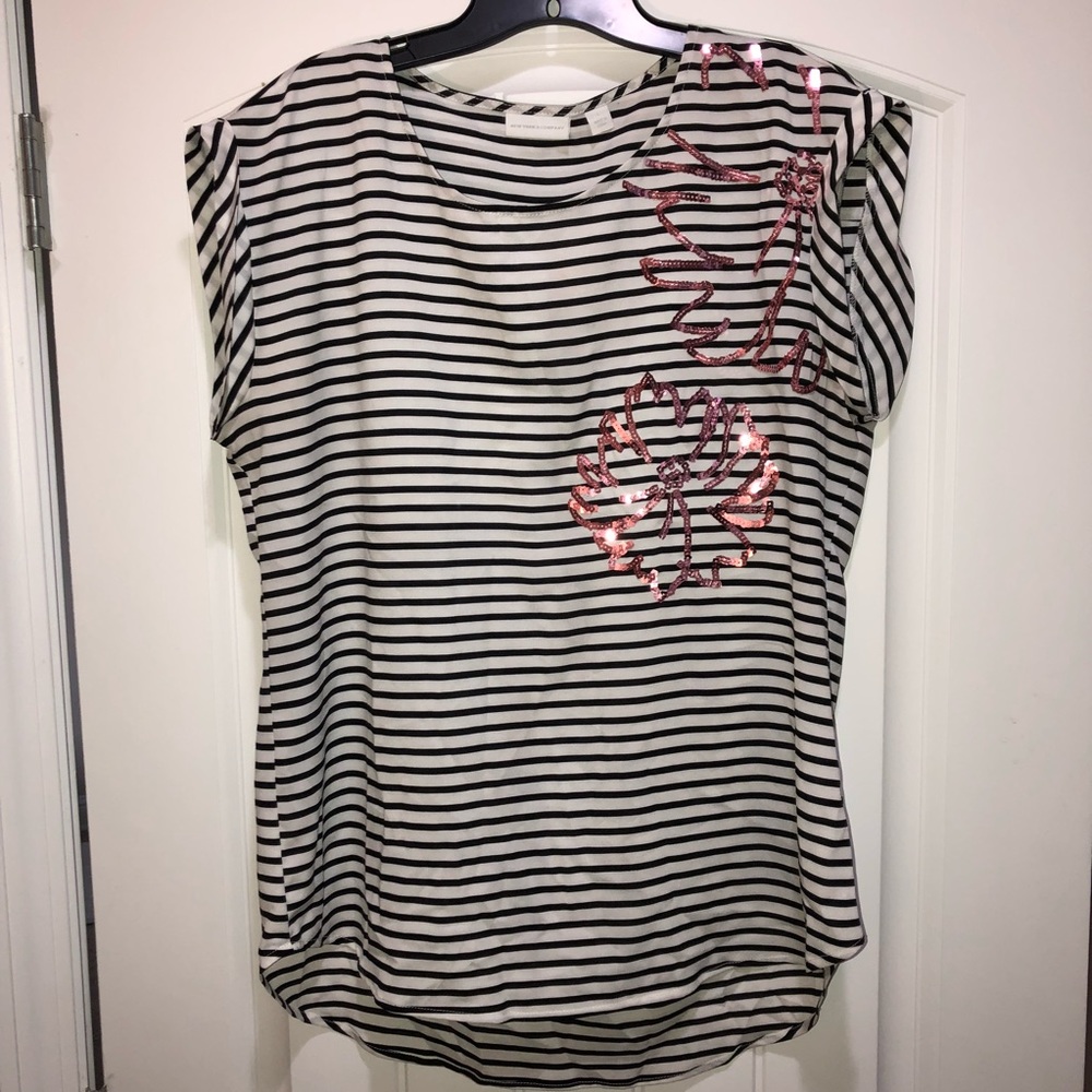 New York & Company Striped Top with Pink Sequins